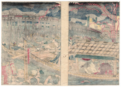 SEVEN FLOWERS OF AUTUMN: FIREWORKS AT RYOGOKU BRIDGE (Utagawa Kuniyoshi)